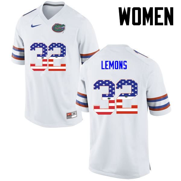 Women's NCAA Florida Gators Adarius Lemons #32 Stitched Authentic USA Flag Fashion Nike White College Football Jersey NIQ5665PY